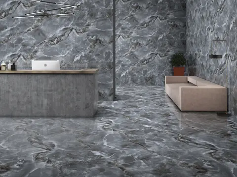 Living room with grey marble-effect porcelain on floor and wall, discounted tiles