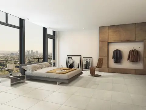 Bedroom with a beige porcelain floor from an end-of-line collection